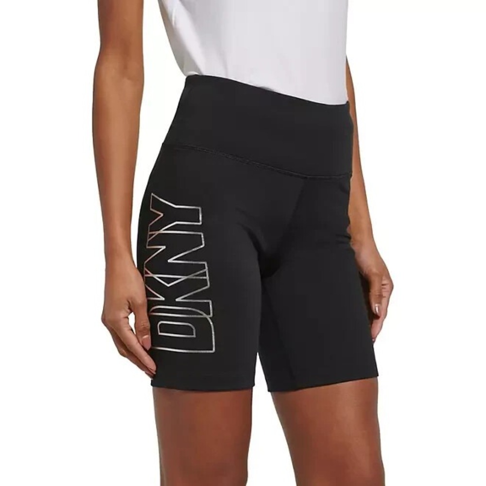 DKNY Womens Biker Shorts XS Black Metallic Logo High Rise Activewear Pocket